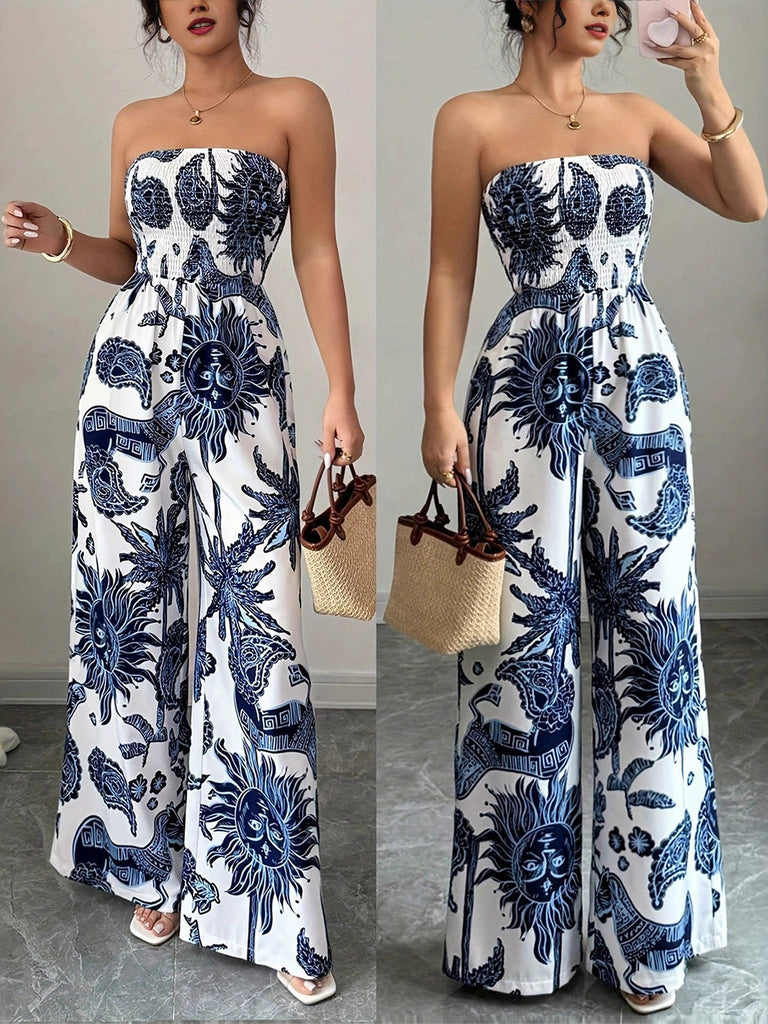 Blue 1970s Celestial Sun Print Smocked Strapless Jumpsuit - vintage romper, retro jumpsuit for vintage lovers