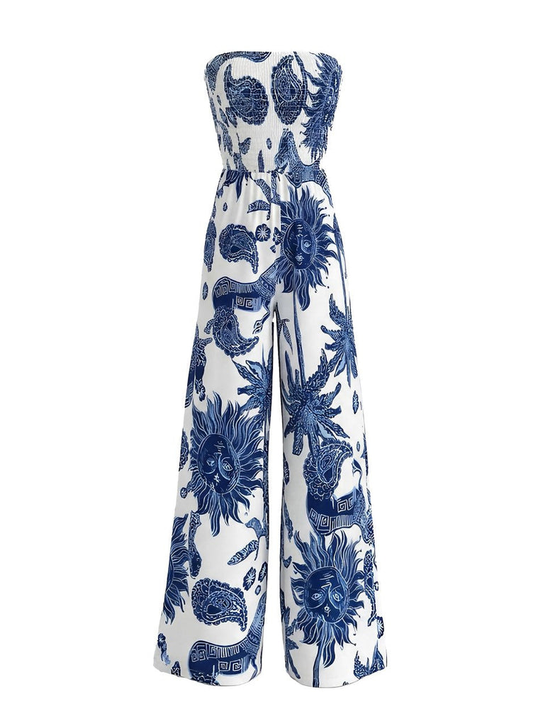 Blue 1970s Celestial Sun Print Smocked Strapless Jumpsuit - vintage jumpsuit, retro fashion