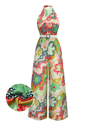 Green 1970s Psychedelic Floral Halter Slit Jumpsuit - vintage jumpsuit, retro fashion