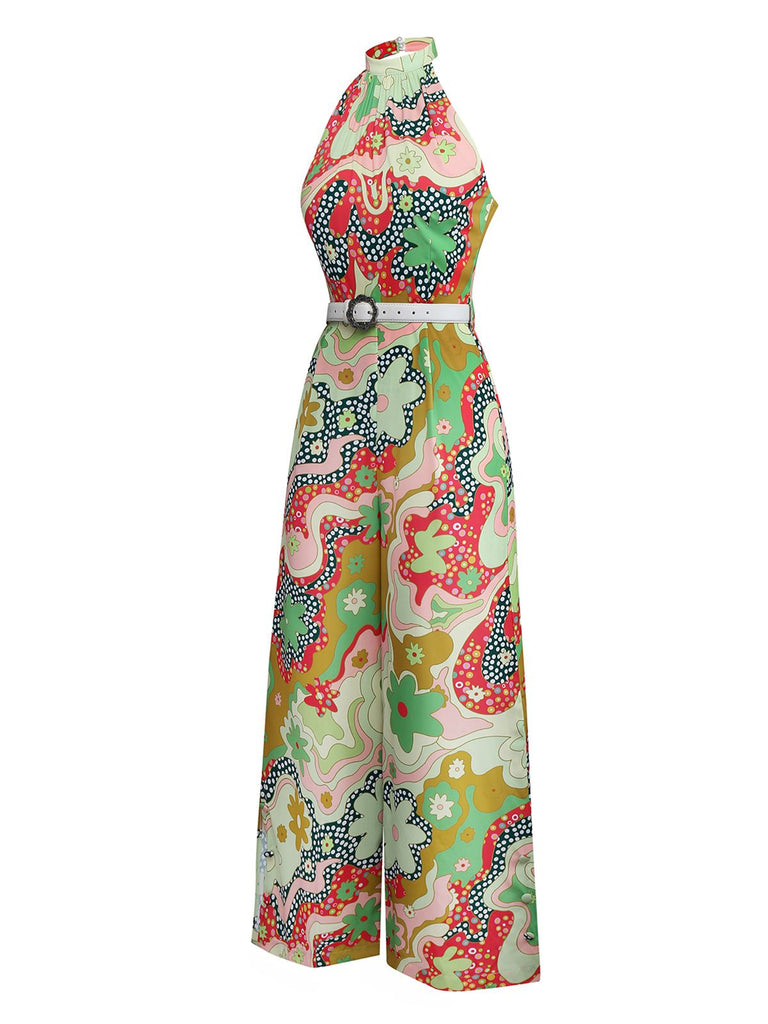 Green 1970s Psychedelic Floral Halter Slit Jumpsuit - vintage jumpsuit, retro fashion