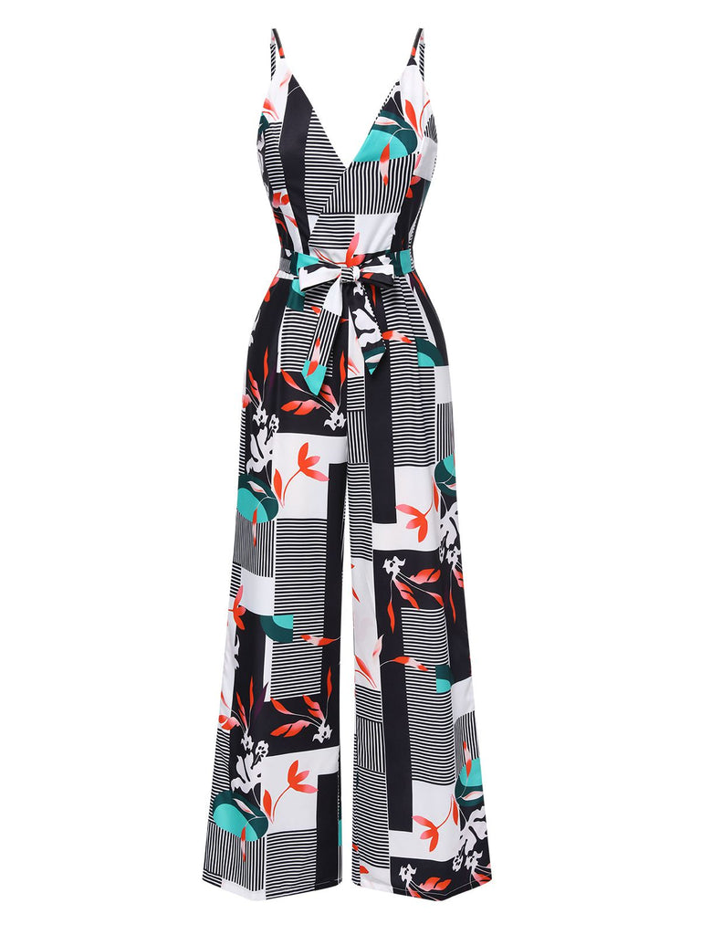 Multicolor 1970s V-Neck Geometric Plant Straps Jumpsuit - vintage jumpsuit, retro fashion