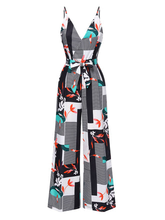 Multicolor 1970s V-Neck Geometric Plant Straps Jumpsuit - vintage jumpsuit, retro fashion