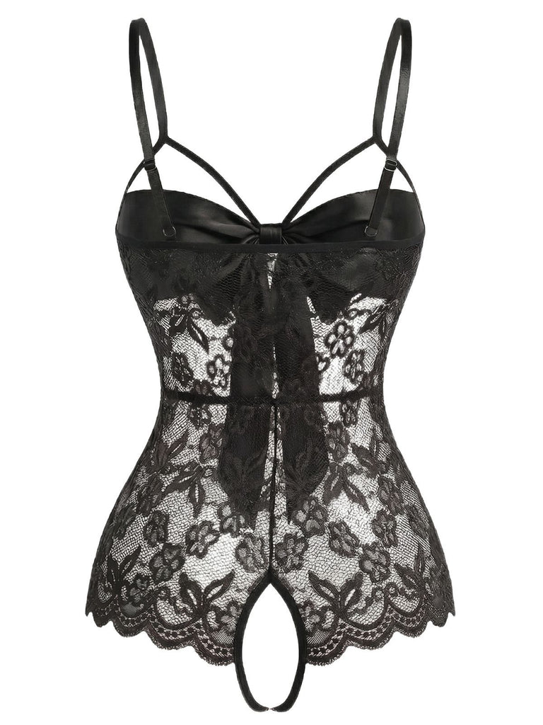 [Pre-Sale] Black 1970s Lace Satin Bow Adjustable Straps Lingerie, vintage fashion, retro style - perfect for women who love vintage and retro fashion