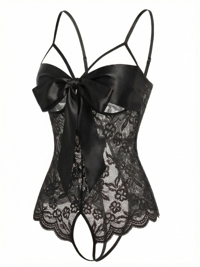 [Pre-Sale] Black 1970s Lace Satin Bow Adjustable Straps Lingerie, vintage fashion, retro style - perfect for women who love vintage and retro fashion