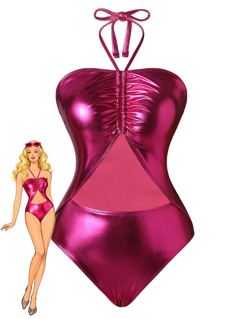 Metallic pink swimsuit with a matching Barbie doll on a white background