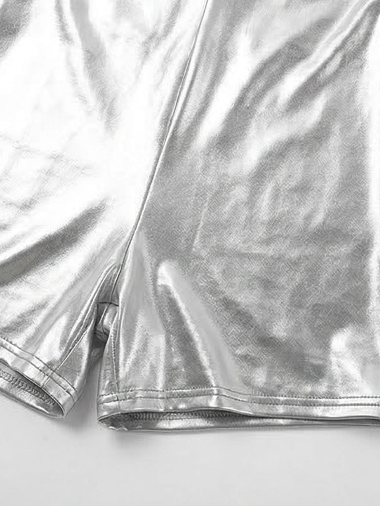 1970s Metallic Halter V-Neck Backless Romper - vintage romper, retro jumpsuit, playful style for vintage lovers