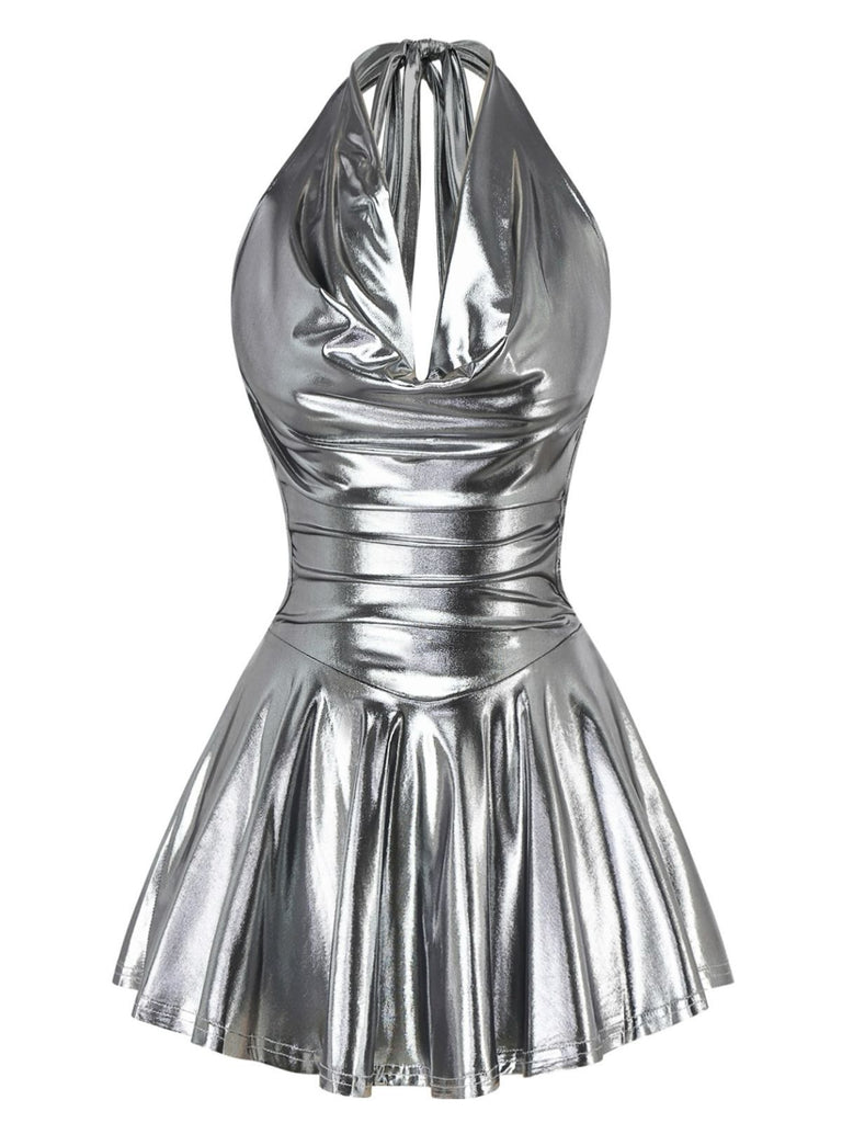 She slips into this 1970s Metallic V-Neck Pleated Mini Dress and suddenly it's a 1970s daydream