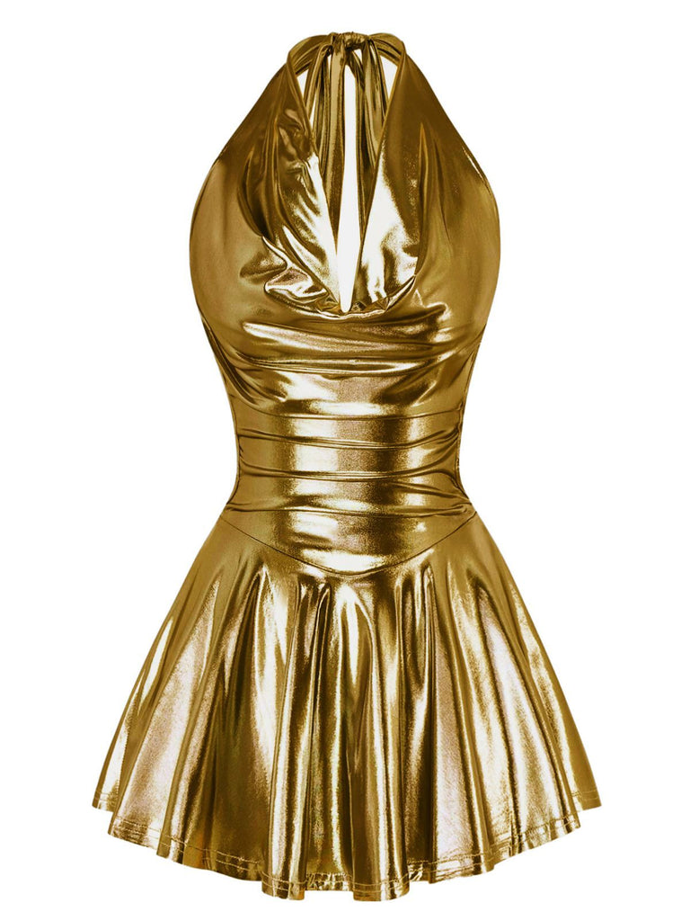 1970s Metallic V-Neck Pleated Mini Dress — a 1970s silhouette that turns sidewalks into runways