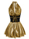 She slips into this 1970s Metallic V-Neck Pleated Mini Dress and suddenly it's a 1970s daydream
