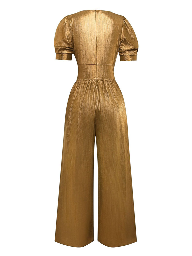 1970s Metallic V-Neck Wide-Leg Jumpsuit - vintage jumpsuit, retro fashion