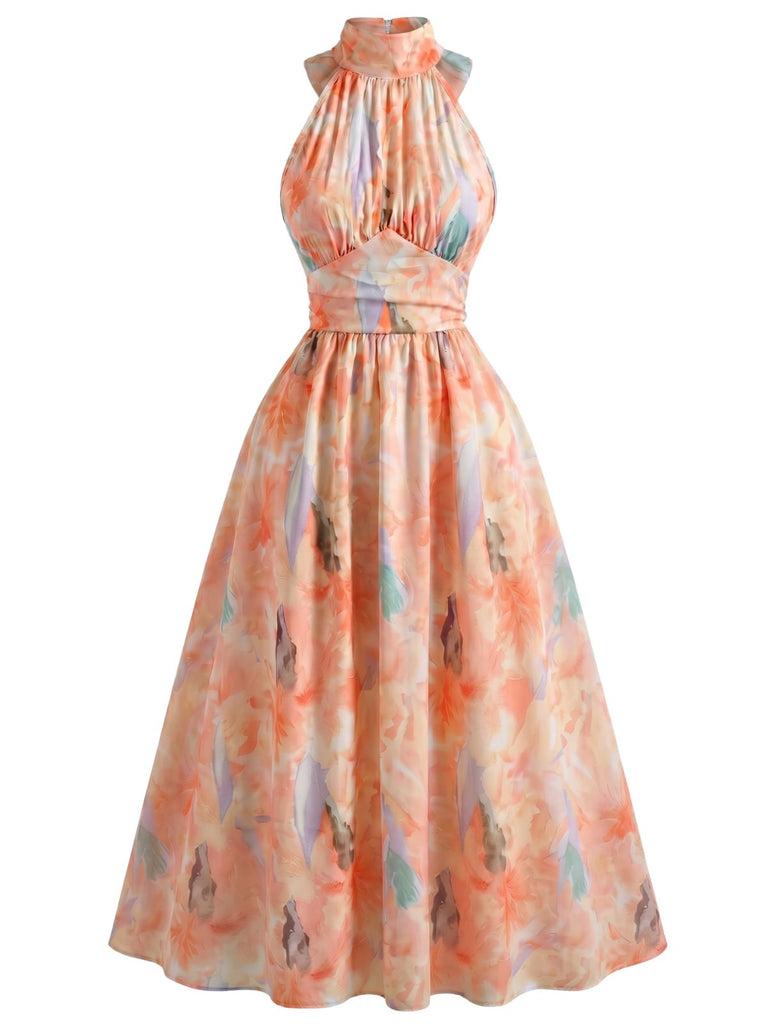 1970s Mock Neck Halter Floral Waist Dress, vintage dress, retro fashion, floral print - perfect for women who love vintage and retro fashion