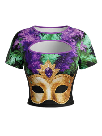 Multicolor 1970s Carnival Gold Mask Print Cutout Top - vintage fashion, retro style, glamorous gold