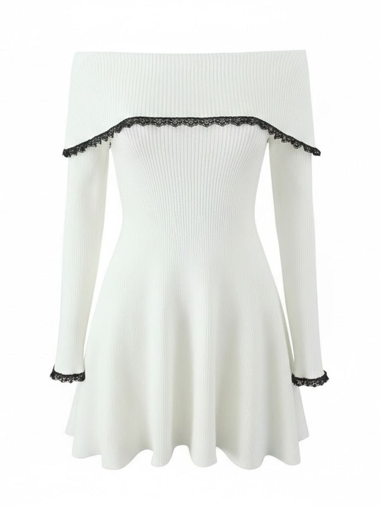 1970s Off-Shoulder Lace Knitted Dress - vintage dress, retro fashion