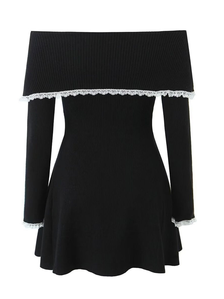 1970s Off-Shoulder Lace Knitted Dress - vintage dress, retro fashion