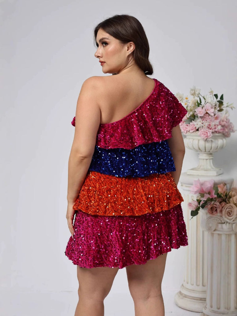 1970s One-Shoulder Sequin Tiered Dress - vintage dress, retro fashion, elegant red