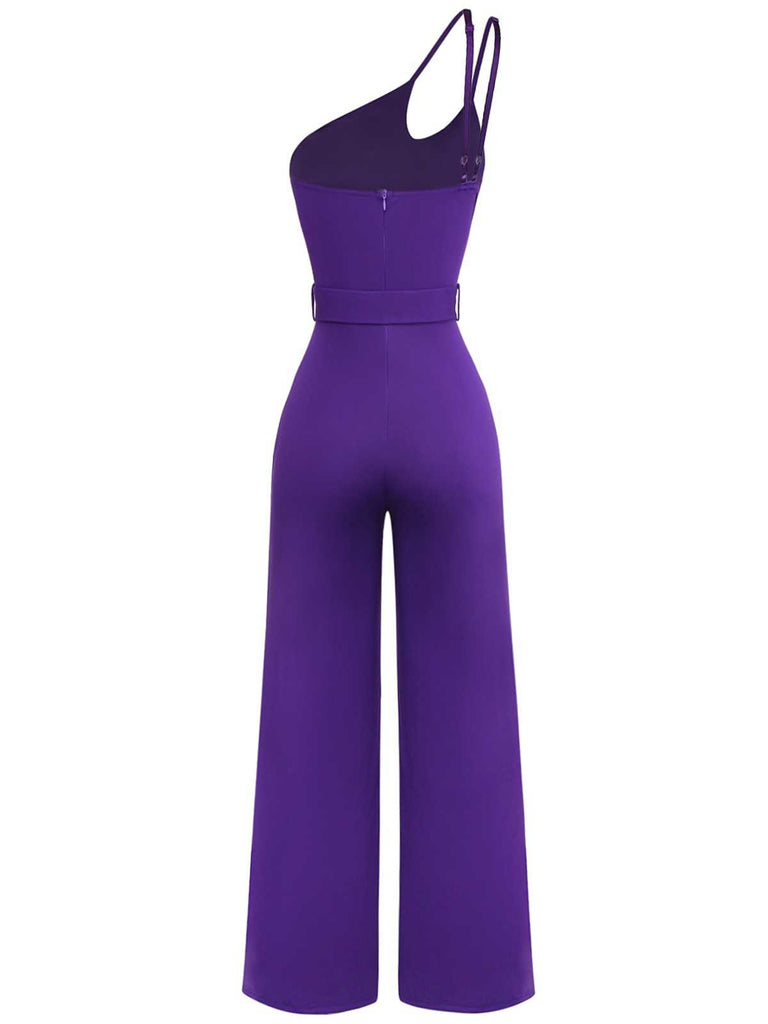 1970s One-Shoulder Studded Belted Jumpsuit - vintage jumpsuit, retro fashion