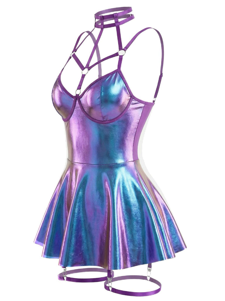 1970s Patent Leather Halter Laser Slip Nightdress - vintage dress, retro fashion