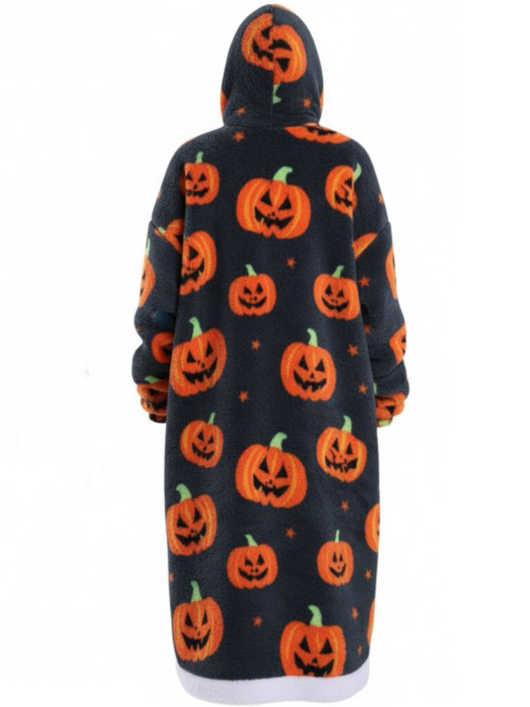1970s Pumpkin Santas Snowman Blanket Hoodie Lougewear - vintage fashion, retro style