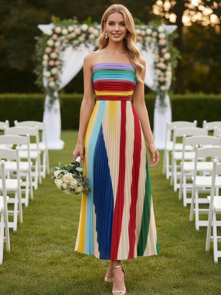 1970s Rainbow Pleated Strapless Maxi Dress, vintage dress, retro fashion - vintage inspired fashion