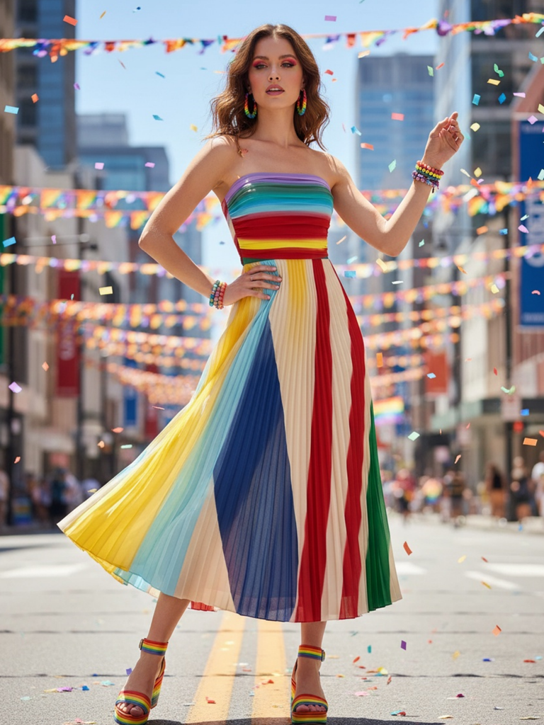 1970s Rainbow Pleated Strapless Maxi Dress, vintage dress, retro fashion - vintage inspired fashion