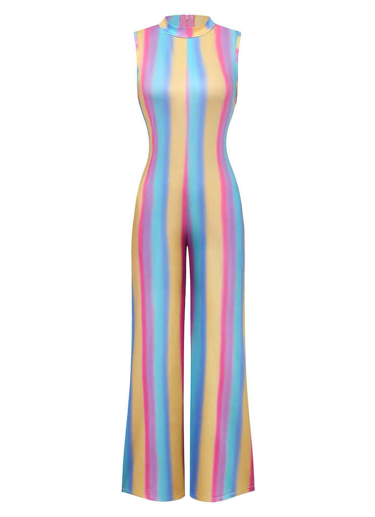 1970s Rainbow Stripe Sleeveless Wide-Leg Jumpsuit - vintage jumpsuit, retro fashion