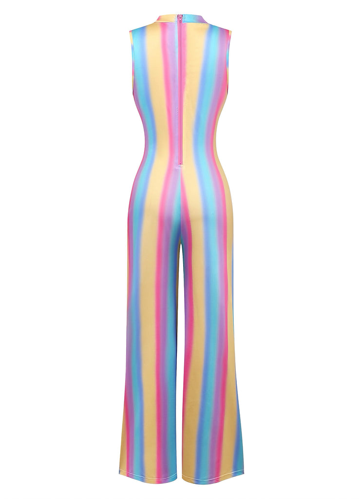 1970s Rainbow Stripe Sleeveless Wide-Leg Jumpsuit - vintage jumpsuit, retro fashion