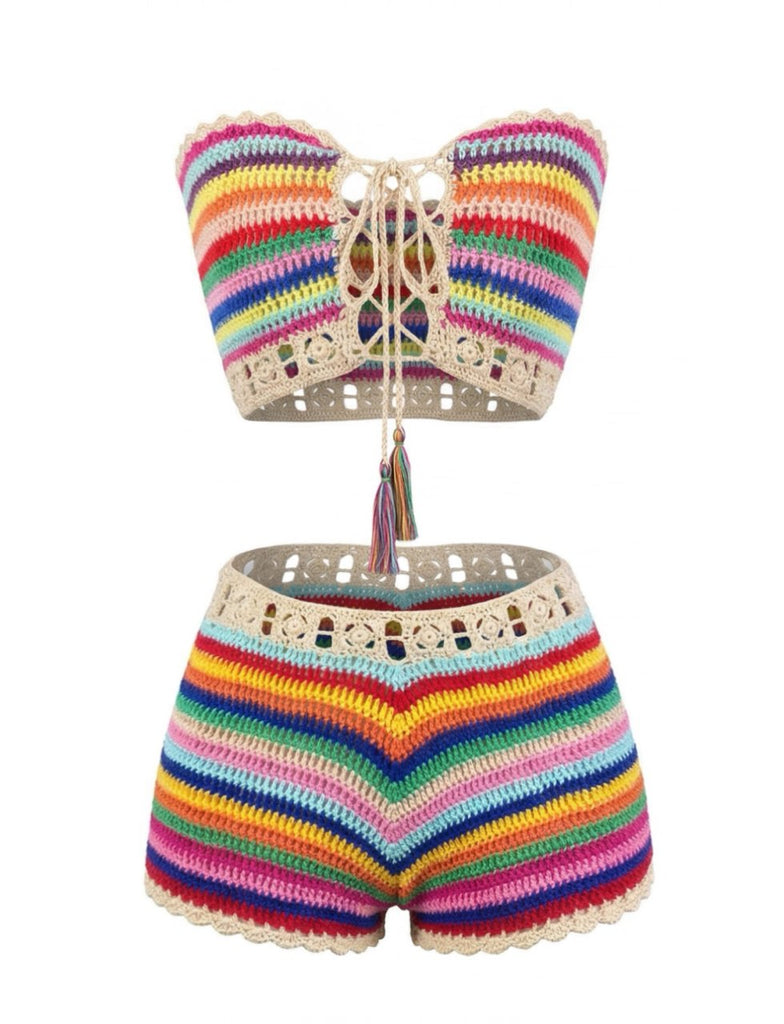 1970s Rainbow Striped Crochet Bandeau Bikini Set: beautiful vintage swimwear, retro swimsuit, pin-up style with timeless appeal