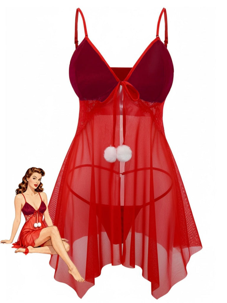 Red 1970s Sheer Babydoll Lace Lingerie Set With Pom Pom - vintage fashion, retro style, elegant red