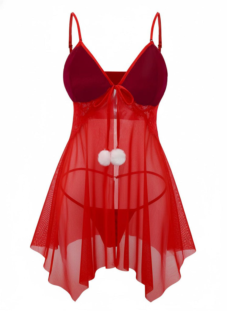 Red 1970s Sheer Babydoll Lace Lingerie Set With Pom Pom - vintage fashion, retro style, elegant red