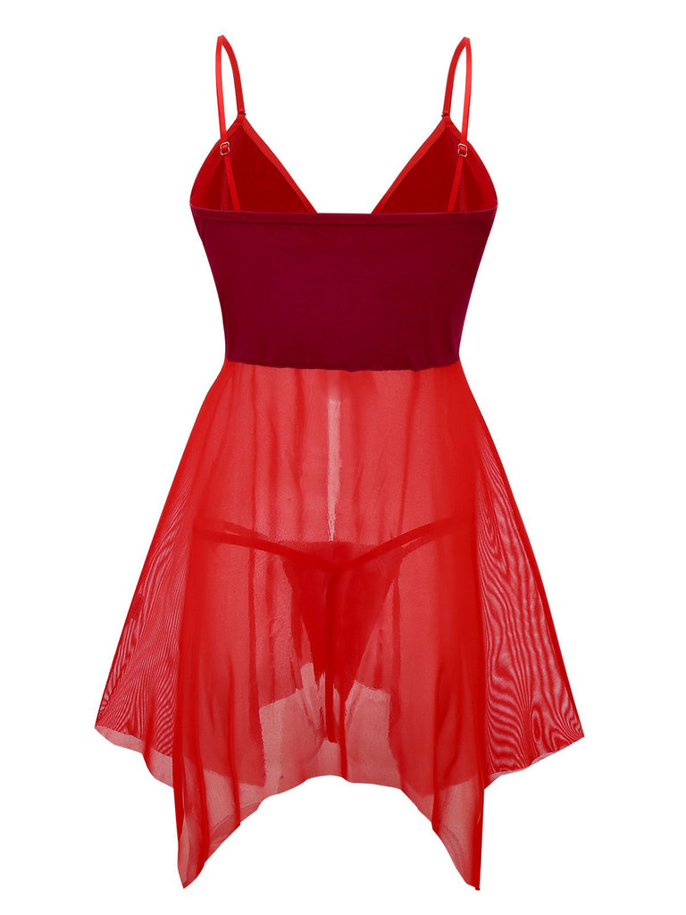 Red 1970s Sheer Babydoll Lace Lingerie Set With Pom Pom - vintage fashion, retro style, elegant red