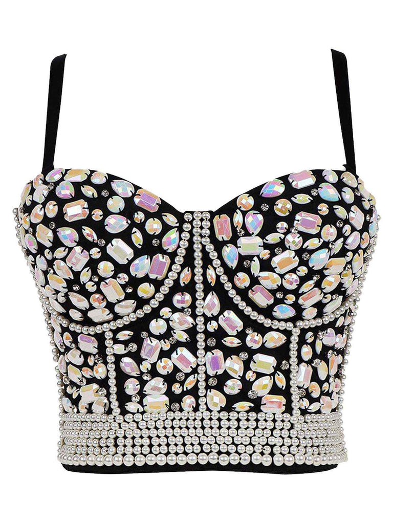 1970s Rhinestone Pearl Spaghetti Strap Corset Top - vintage fashion, retro style