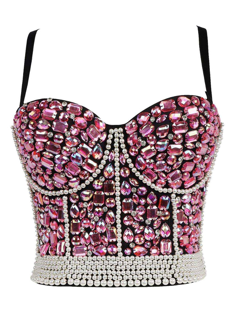 1970s Rhinestone Pearl Spaghetti Strap Corset Top - vintage fashion, retro style