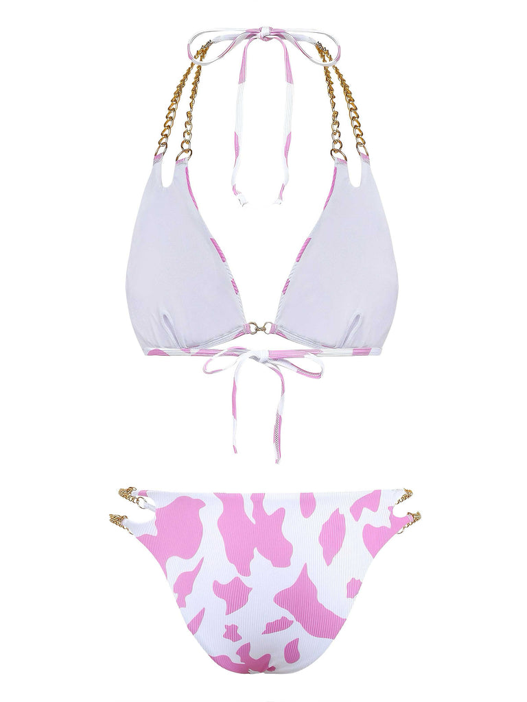 1970s Ribbed Cow Print Chain Halter Bikini Set - vintage fashion, retro style