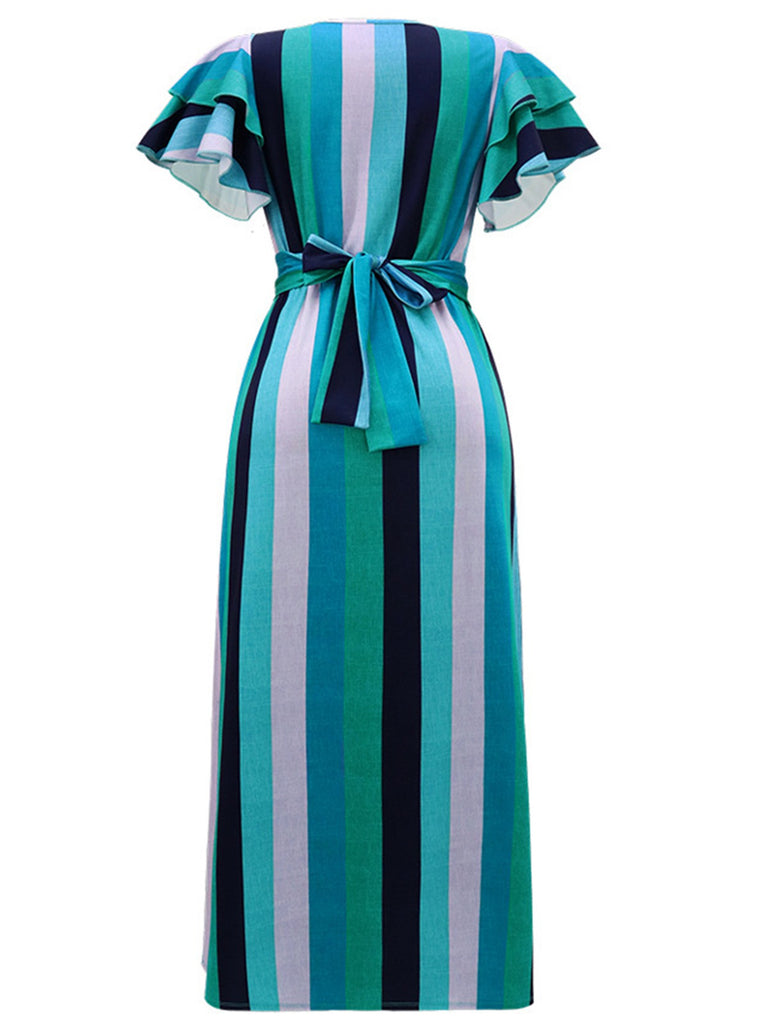 1970s Roman Stripes Ruffle Sleeve Dress — the kind of 1970s dress that makes strangers smile