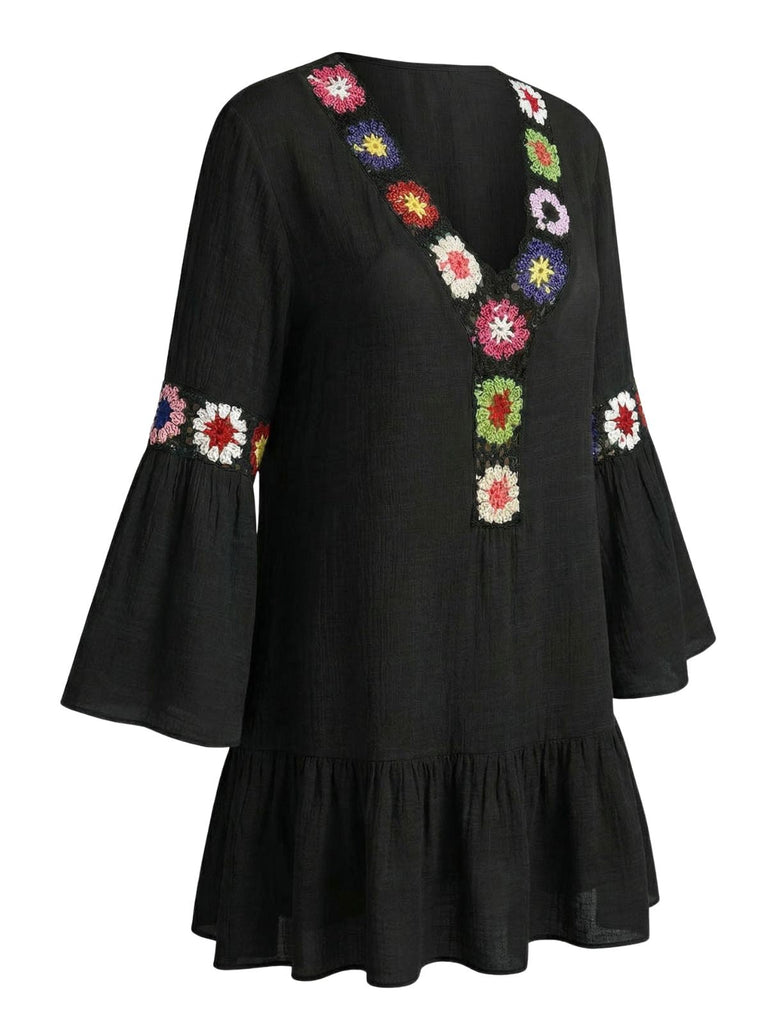 1970s Ruffle Embroidery Floral V-Neck Cover-Up - bohemian cover up, beach wear for vintage lovers