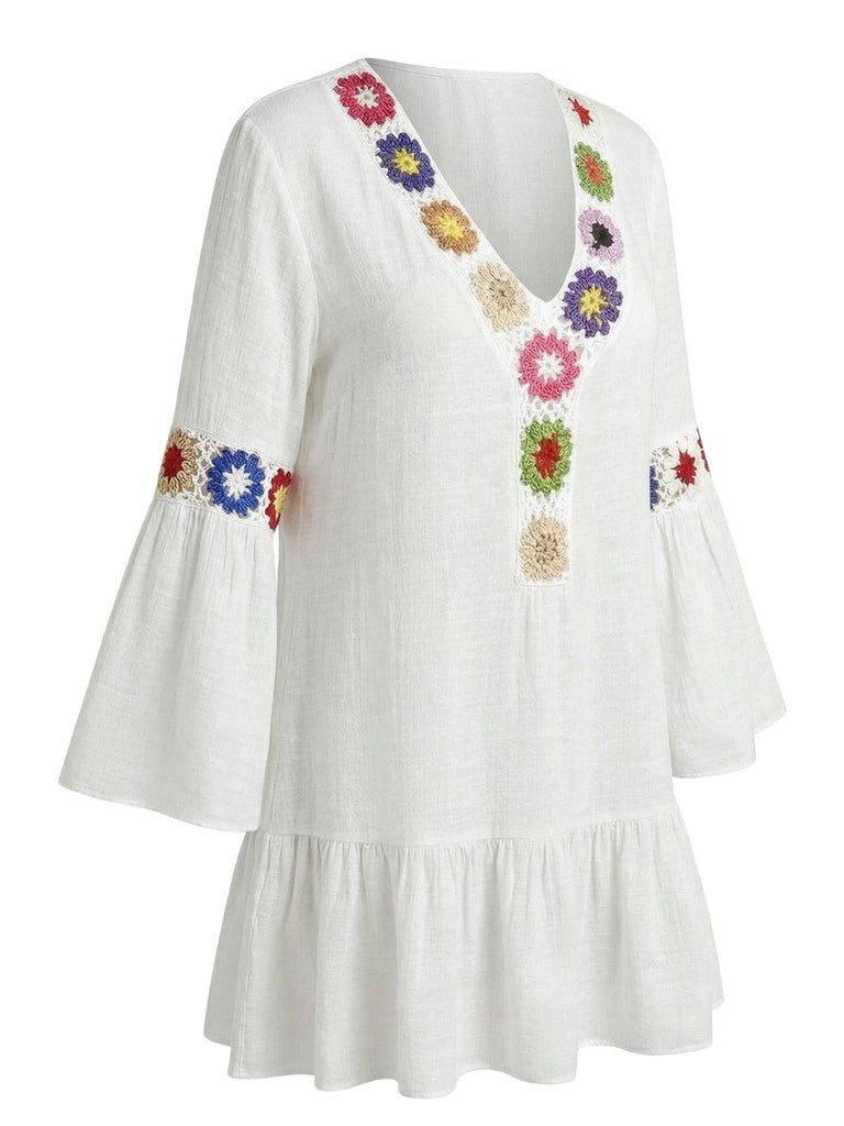 1970s Ruffle Embroidery Floral V-Neck Cover-Up - bohemian cover up, beach wear for vintage lovers