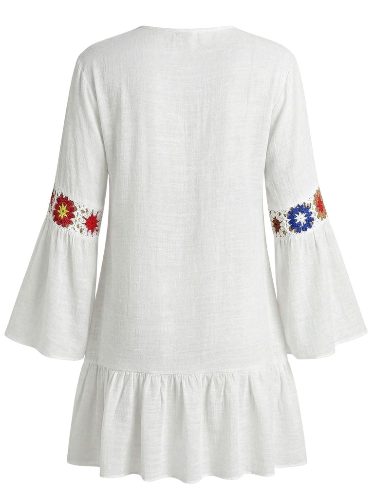 1970s Ruffle Embroidery Floral V-Neck Cover-Up - bohemian cover up, beach wear for vintage lovers