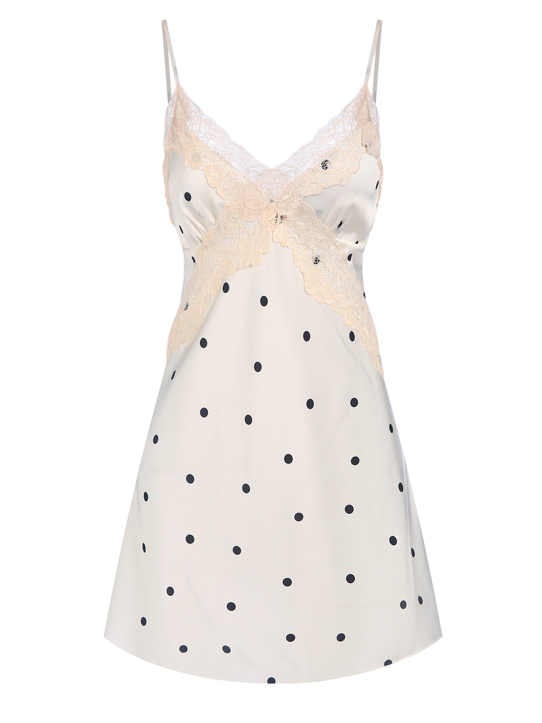 1970s Satin Polka Dot Lace Silk Nightdress, vintage dress, retro fashion, lace detail - perfect for women who love vintage and retro fashion
