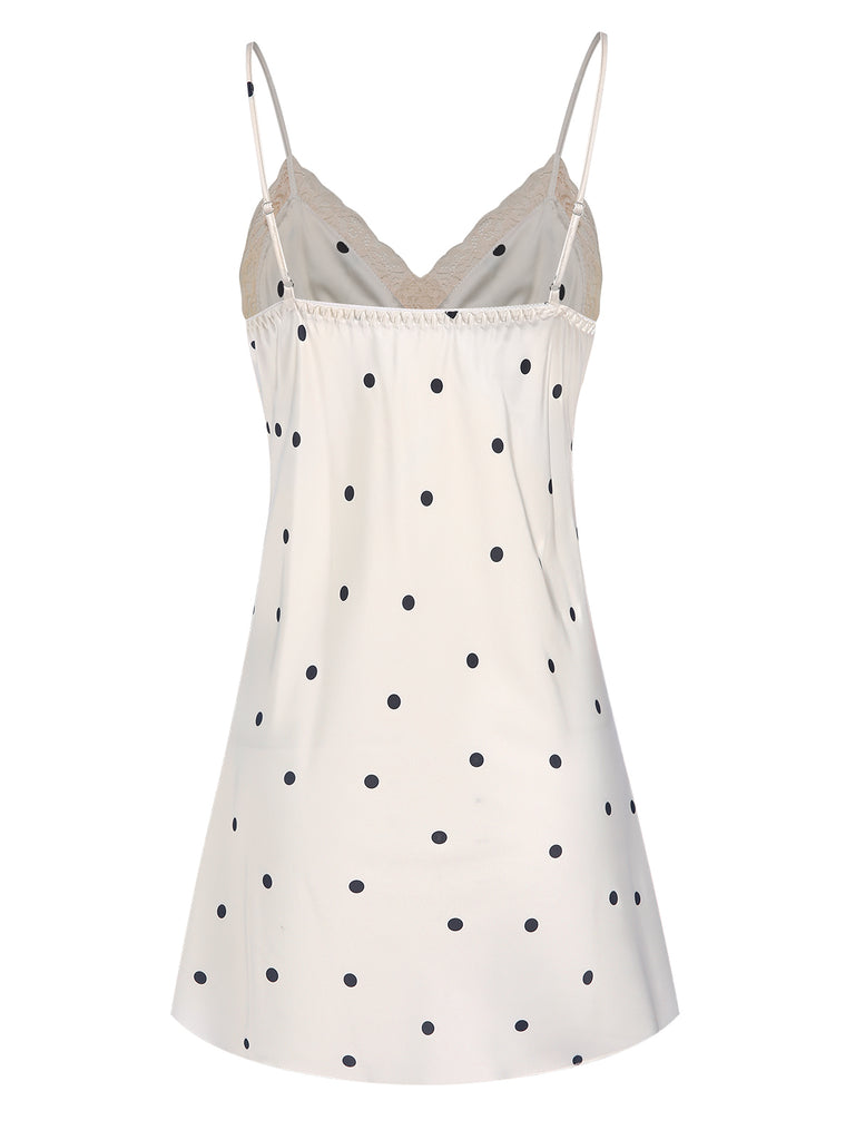 1970s Satin Polka Dot Lace Silk Nightdress, vintage dress, retro fashion, lace detail - perfect for women who love vintage and retro fashion