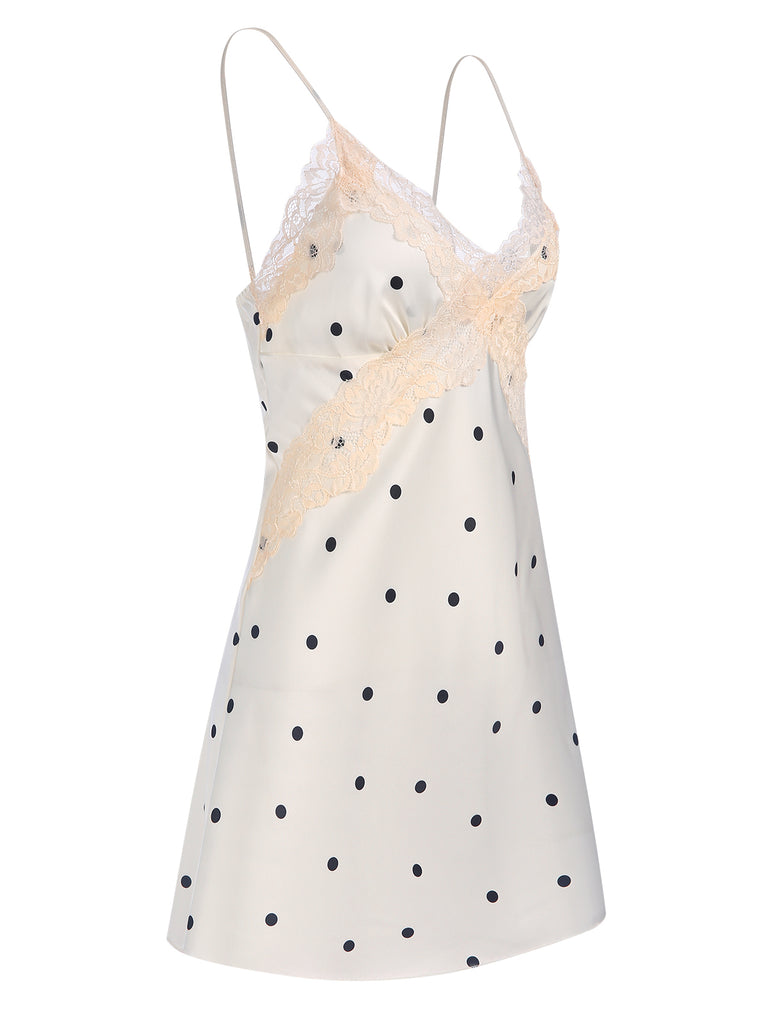 1970s Satin Polka Dot Lace Silk Nightdress, vintage dress, retro fashion, lace detail - perfect for women who love vintage and retro fashion