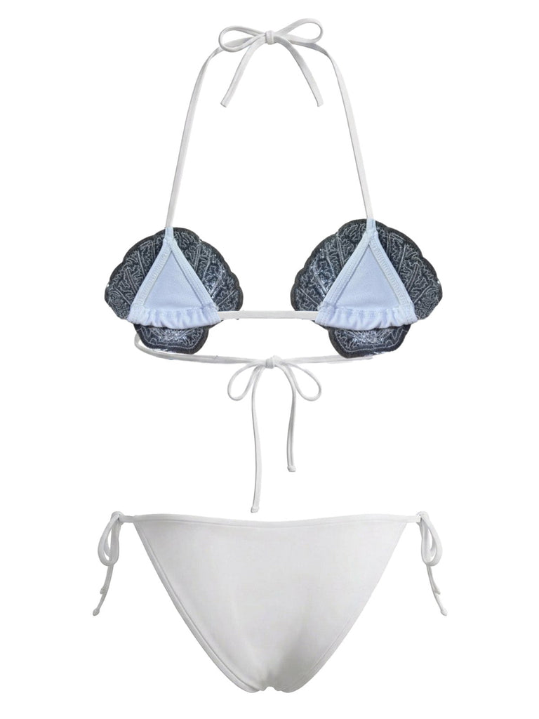 1970s Sequined Embellished Shell Triangle Bikini Set, vintage swimsuit, pin-up swimwear, retro beach style, women, elegant