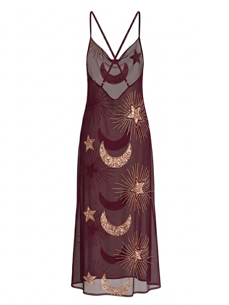 1970s Sheer Celestial Embroidered Sequin Maxi Cover-Up Dress - vintage dress, retro fashion, elegant red