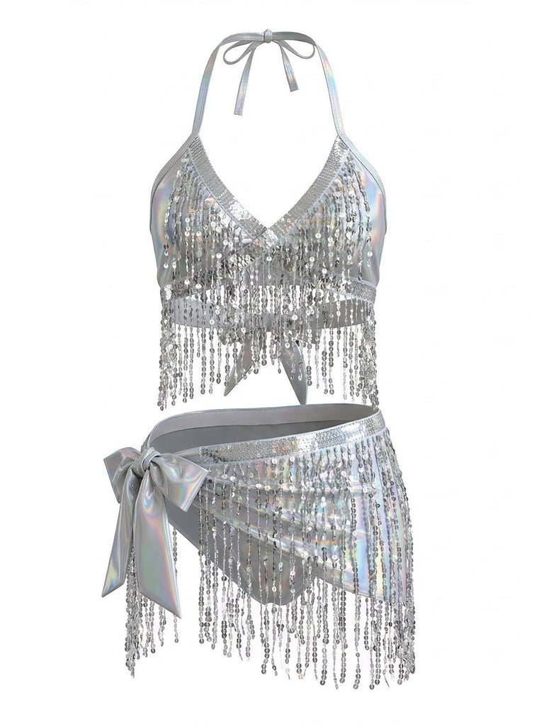 Silver 1970s Holographic Sequin Fringe Bikini Set & Cover-up - vintage fashion, retro style