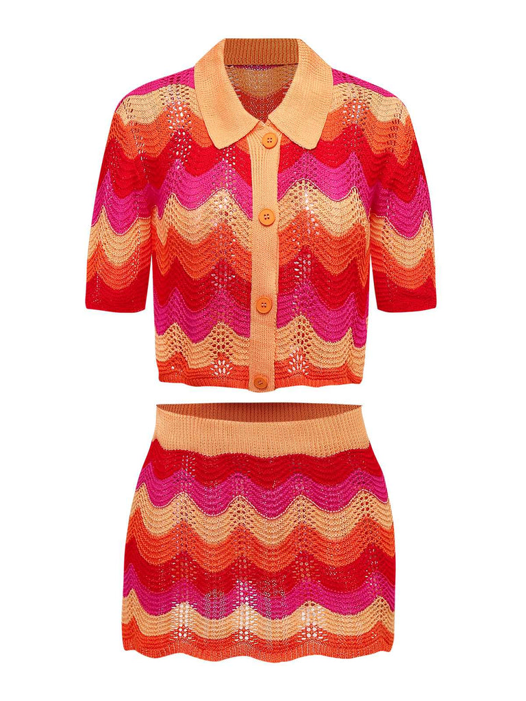 2PCS Multicolor 1970s Knit Cardigan & High-Waist Skirt - vintage skirt, retro style