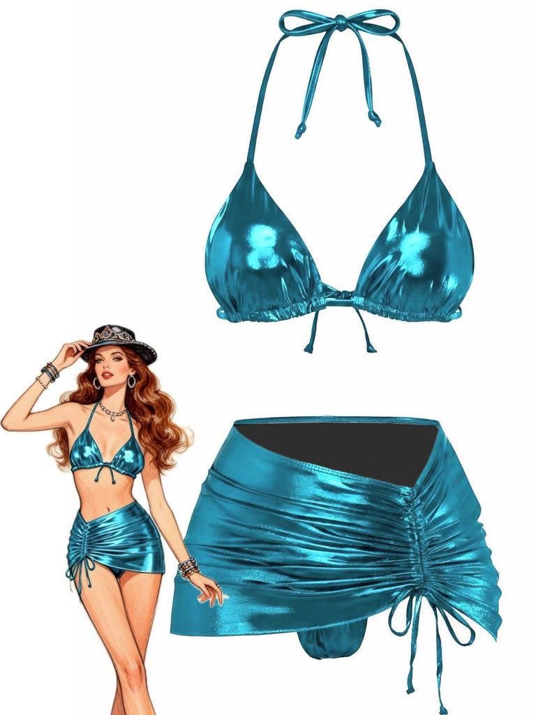 1970s Solid Halter Metallic Bikini Set, vintage swimsuit, pin-up swimwear - perfect for women who love vintage and retro fashion