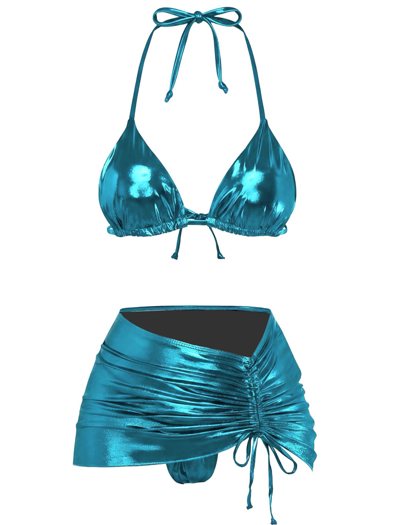 1970s Solid Halter Metallic Bikini Set, vintage swimsuit, pin-up swimwear - perfect for women who love vintage and retro fashion
