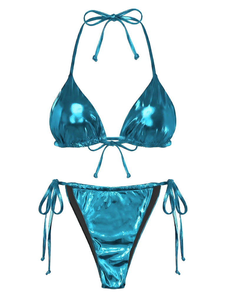 1970s Solid Halter Metallic Bikini Set, vintage swimsuit, pin-up swimwear - perfect for women who love vintage and retro fashion