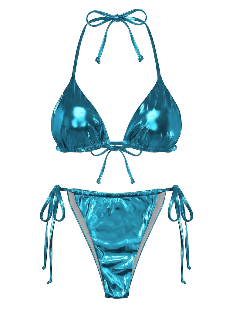 1970s Solid Halter Metallic Bikini Set, vintage swimsuit, pin-up swimwear - perfect for women who love vintage and retro fashion