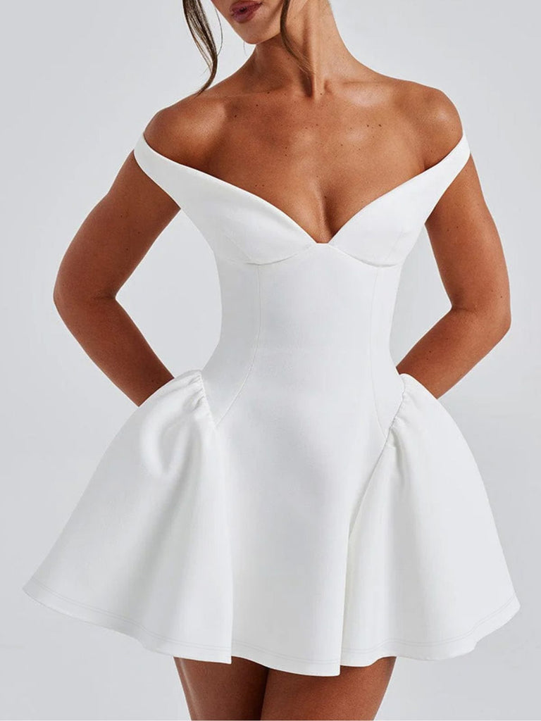1970s Solid Off-Shoulder Deep V-Neck Skater Dress - vintage dress, retro fashion