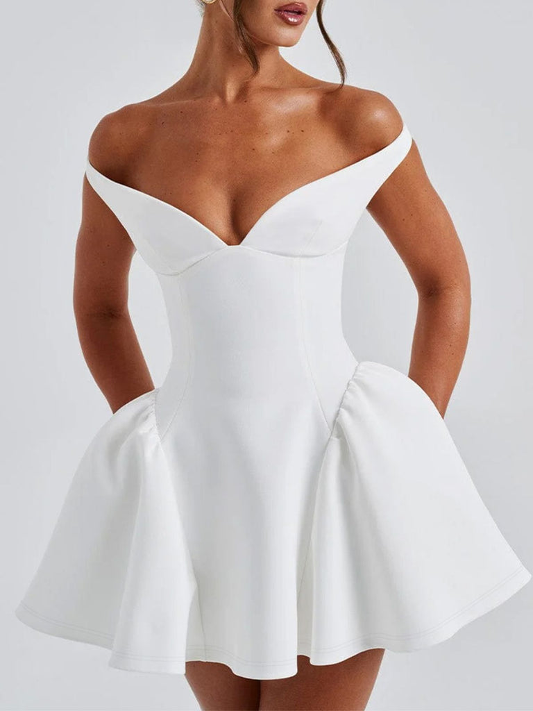 1970s Solid Off-Shoulder Deep V-Neck Skater Dress - vintage dress, retro fashion